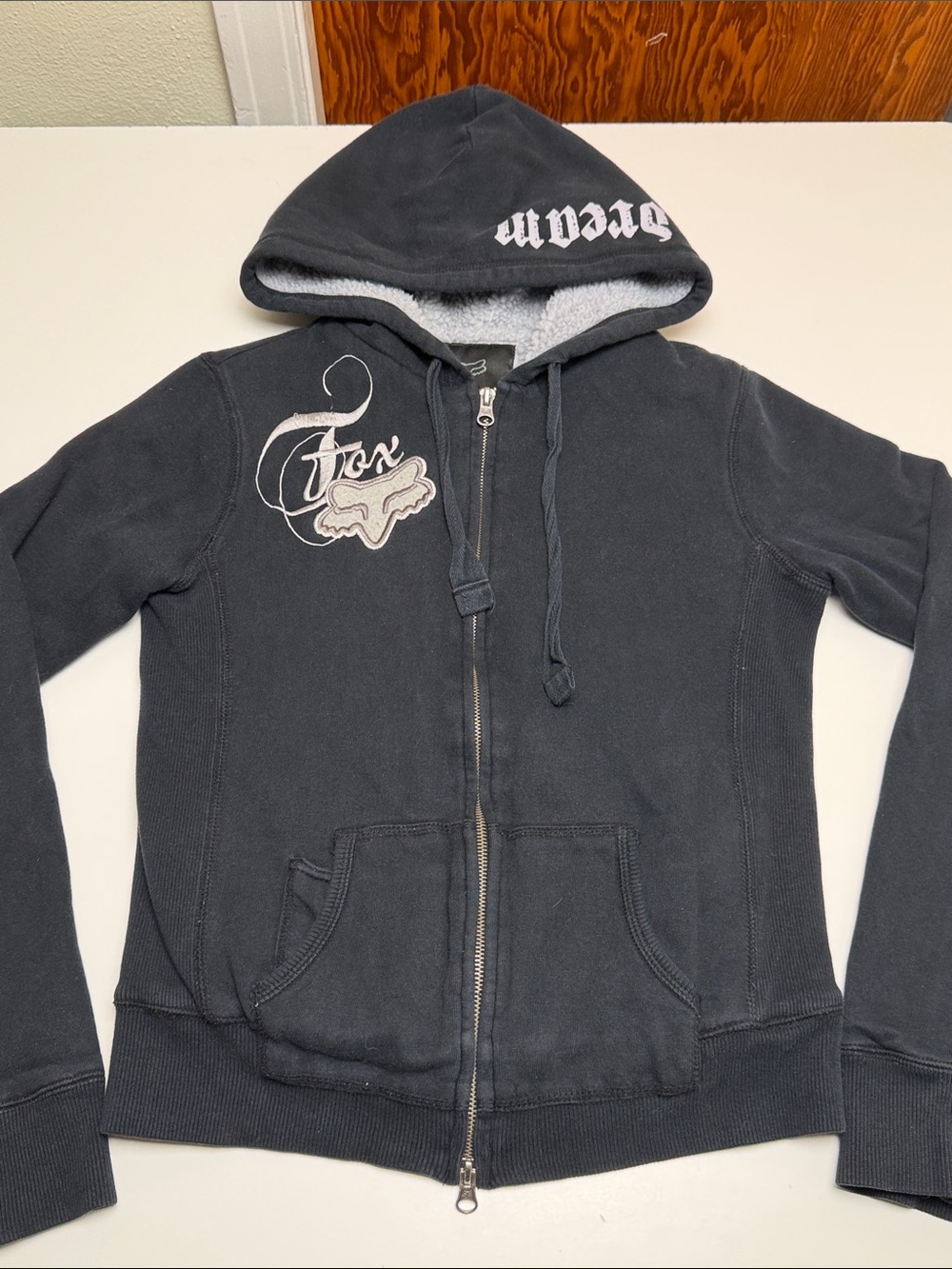 Y2K Fox racing Black Sherpa-Lined Zip Hoodie with Embroidered Logo size small